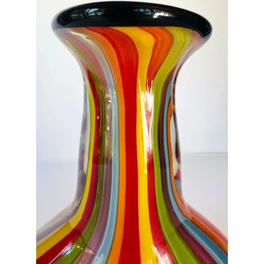 Badash Hand Blown Art Glass Rainbow Stripe Vase Black Rim 9